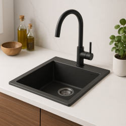GraniteMy Bremen granieten spoelbak 40x50 cm zwart opbouw, onderbouw en vlakinbouw met kraangatbank met rvs plug 1208967278